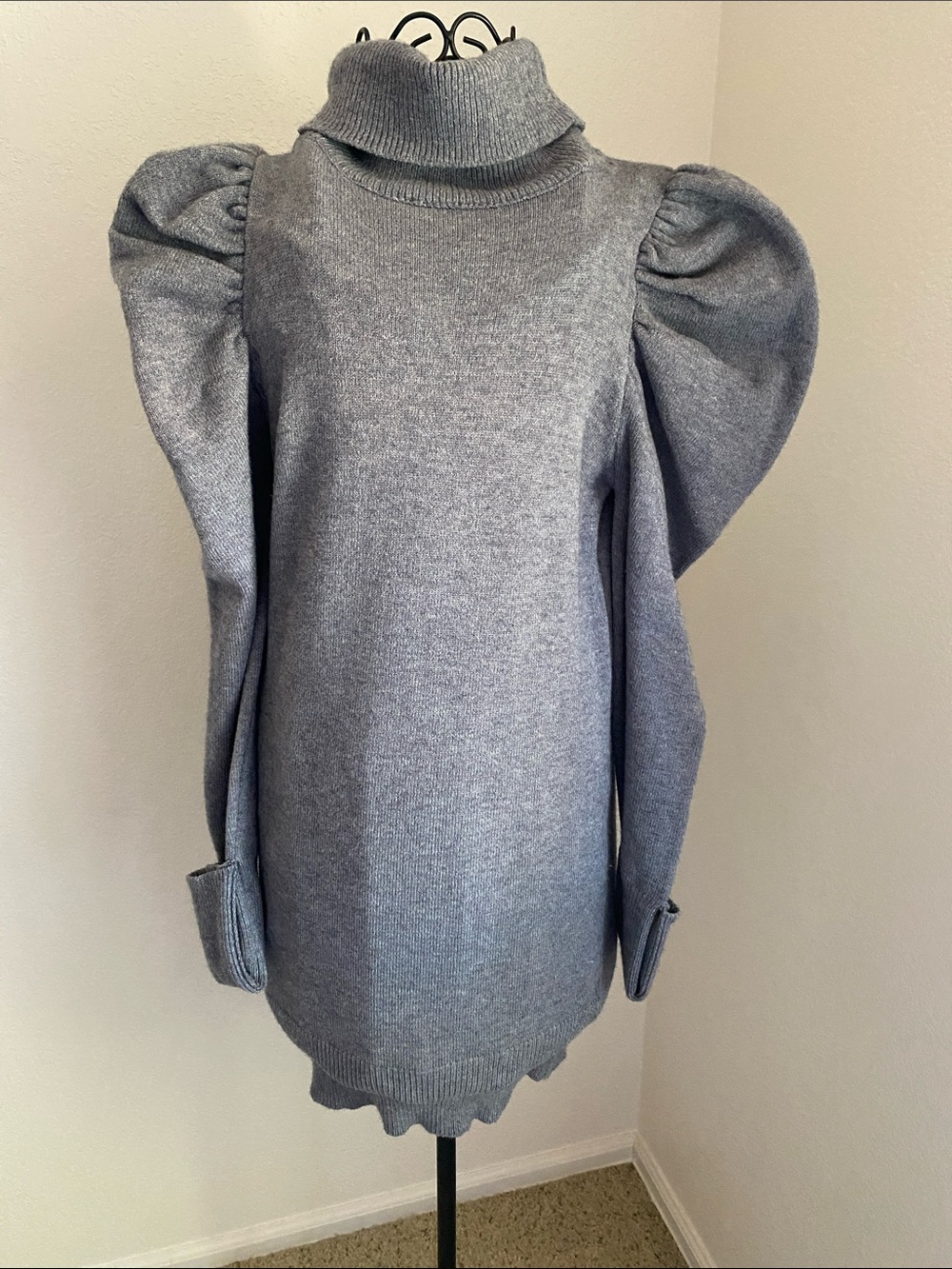 Puff-Sleeve Turtleneck Long-Sleeve Dress in Gray